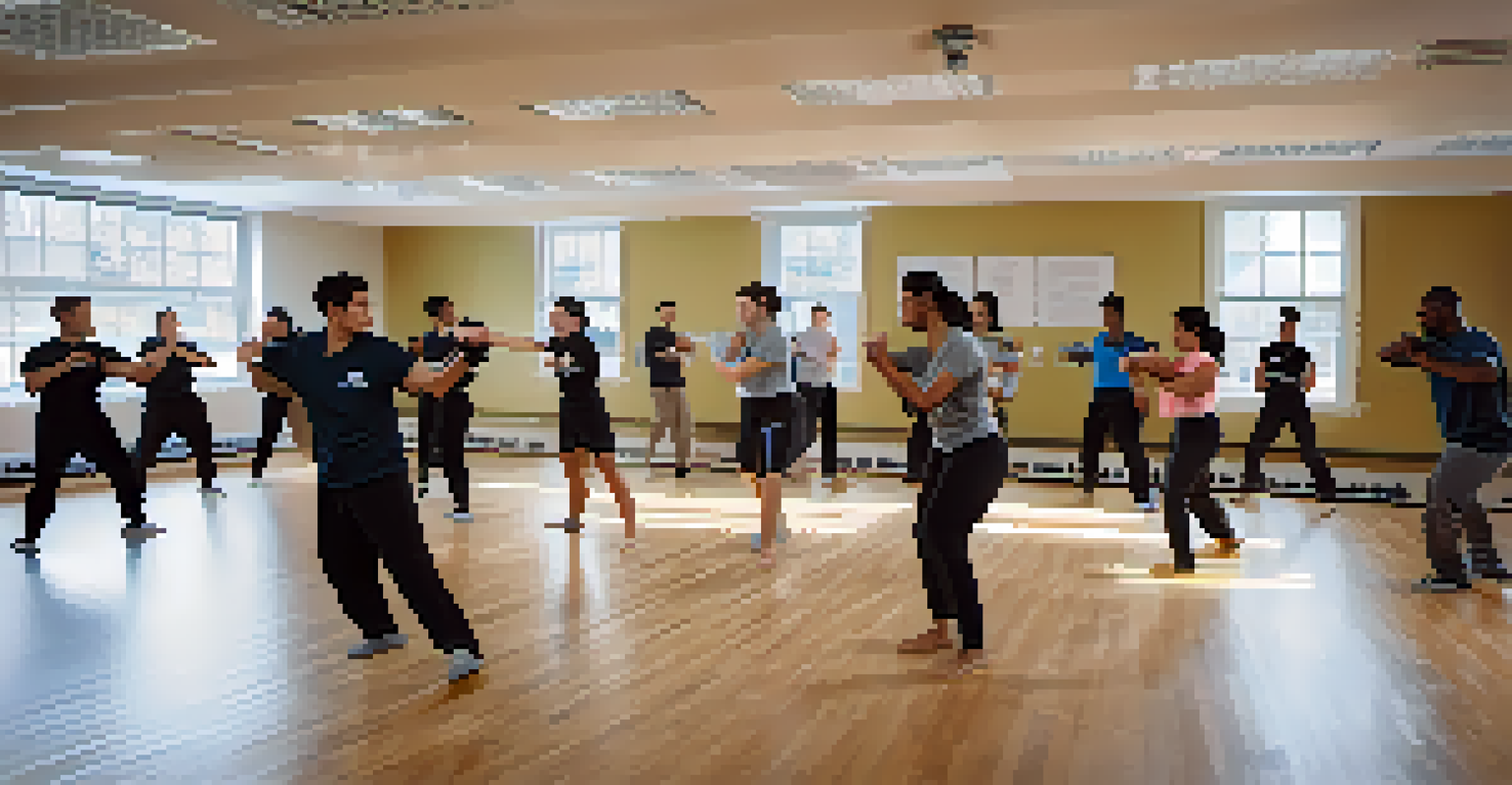 A diverse group of college students practicing self-defense techniques and verbal de-escalation strategies in a brightly lit classroom.