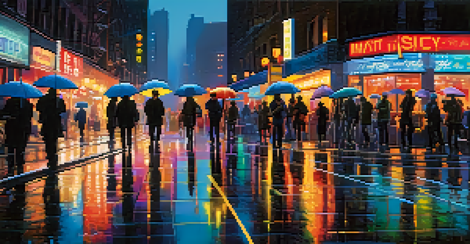 A bustling city street at night with neon lights and people walking in the rain.