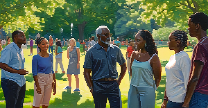 A diverse group of people in a park discussing safety and bystander intervention, surrounded by greenery and sunlight.