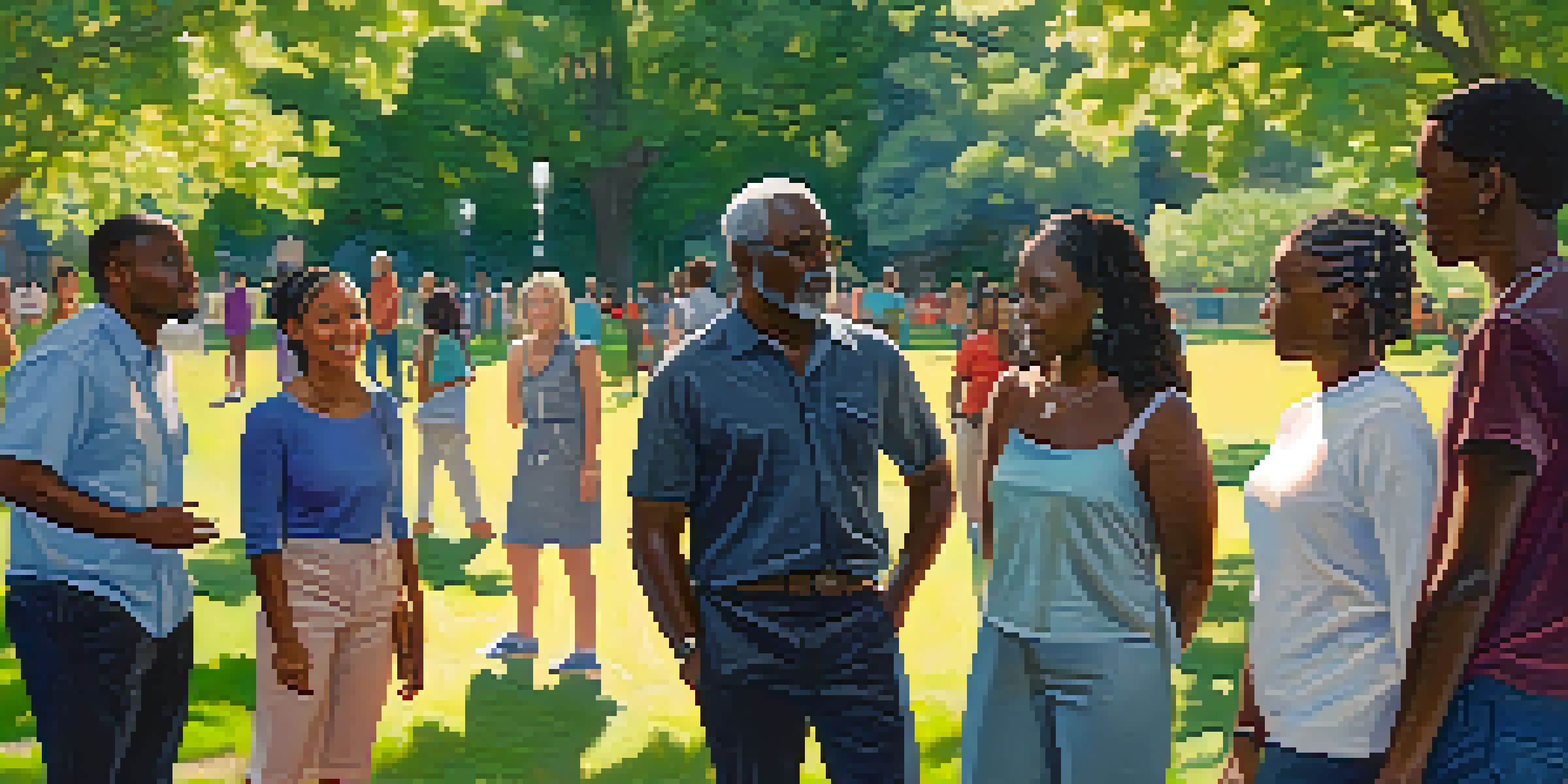 A diverse group of people in a park discussing safety and bystander intervention, surrounded by greenery and sunlight.