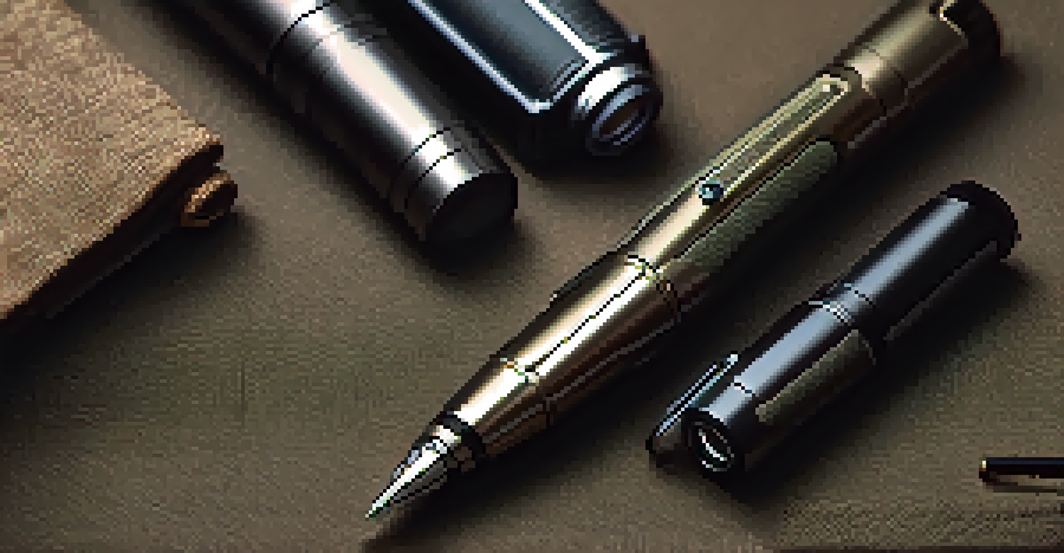 A close-up view of a tactical pen, emphasizing its sleek design and built-in flashlight against a textured background.