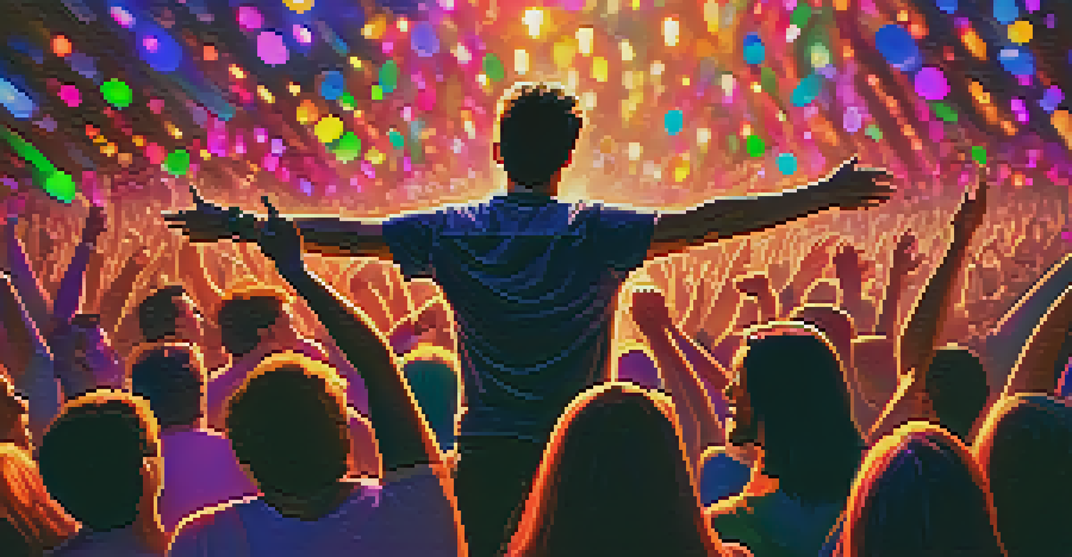 A person standing confidently at a concert, surrounded by a vibrant crowd and colorful lights.
