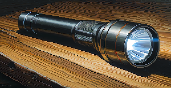 A tactical flashlight glowing brightly on a wooden surface, surrounded by pine needles and stones in a dark environment.