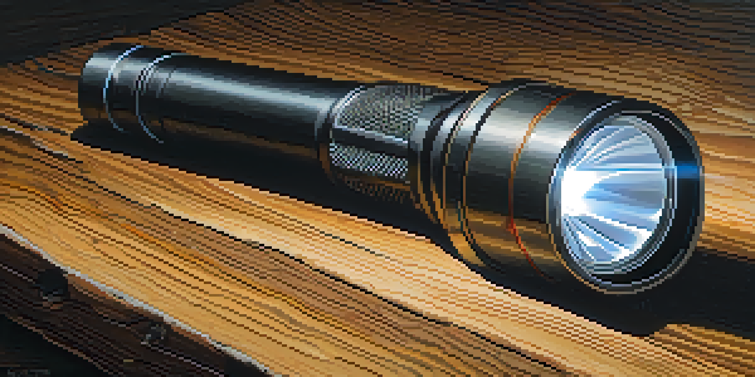 A tactical flashlight glowing brightly on a wooden surface, surrounded by pine needles and stones in a dark environment.