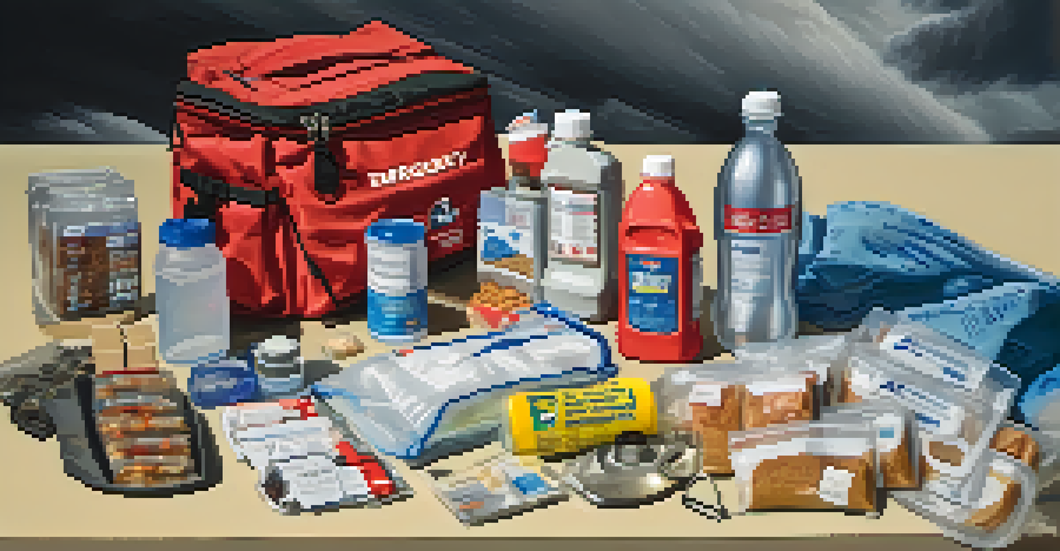 An emergency kit filled with supplies for flood preparedness, set against a backdrop of darkening skies.