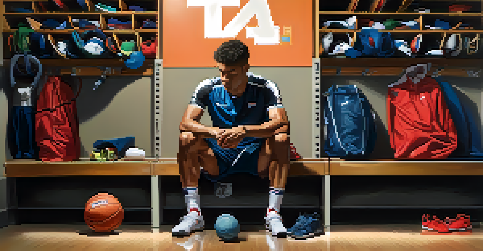 An athlete in vibrant sportswear sitting in a dimly lit locker room, eyes closed in concentration, embodying the idea of visualization and mental preparedness.