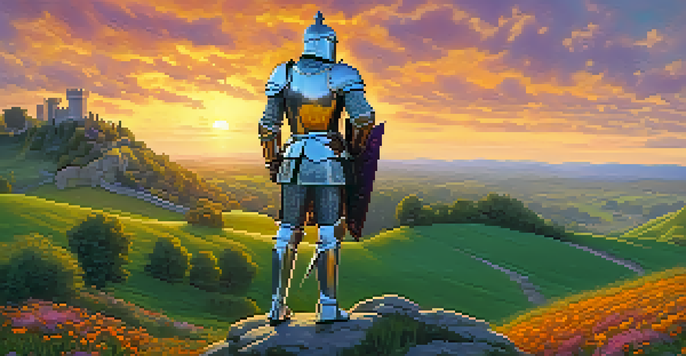 A knight in armor on a hilltop at sunset, overlooking a valley with a castle in the distance.