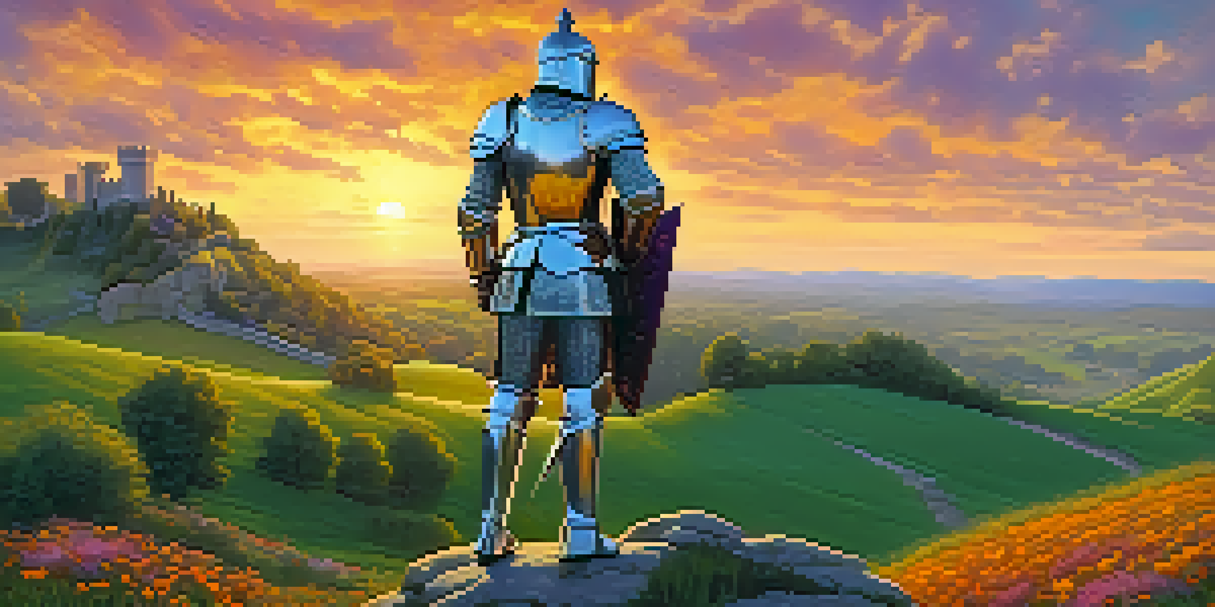 A knight in armor on a hilltop at sunset, overlooking a valley with a castle in the distance.