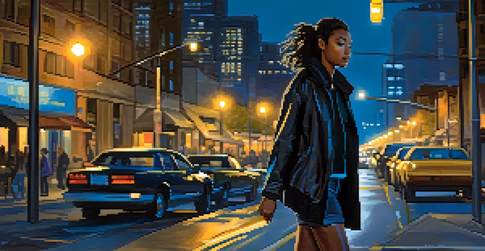 A young woman walking at night, looking confident while holding a smartphone with a self-defense app displayed on the screen.