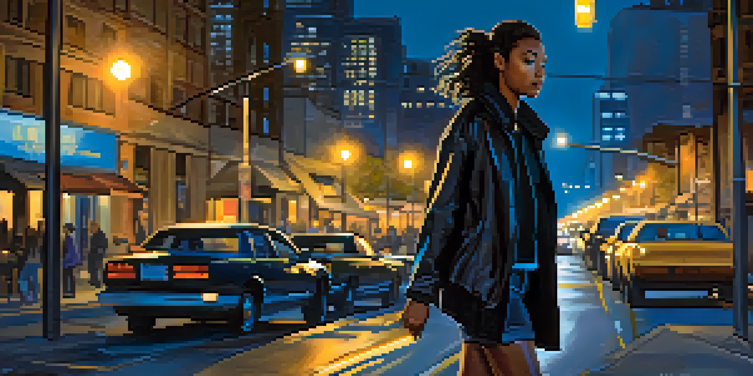 A young woman walking at night, looking confident while holding a smartphone with a self-defense app displayed on the screen.