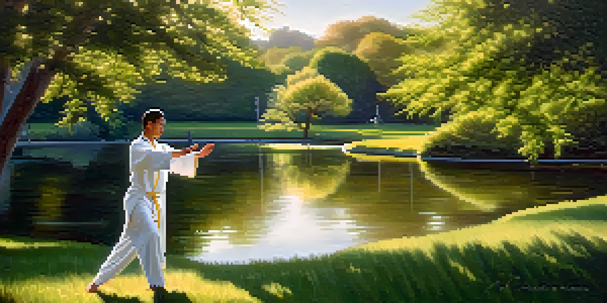A person practicing tai chi at sunrise in a peaceful park with trees and a pond.