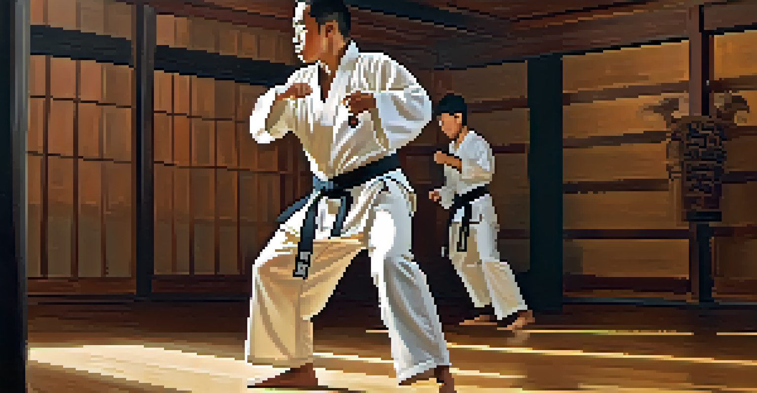 A close-up of an individual practicing self-defense in a martial arts dojo, highlighting their focused expression and uniform.