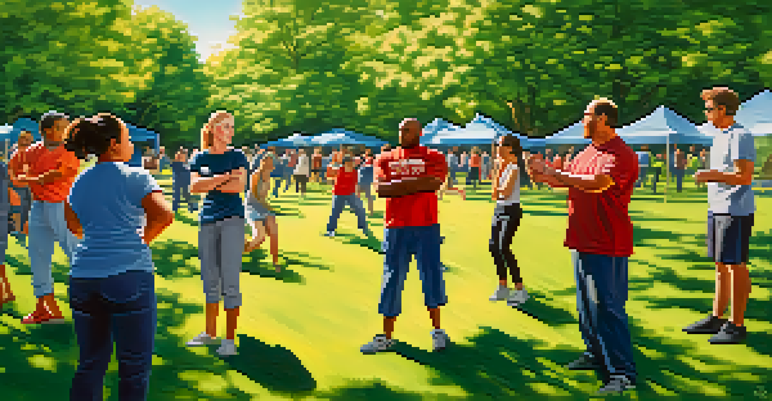 Individuals participating in an outdoor self-defense workshop in a park, practicing techniques under the guidance of instructors on a sunny day.