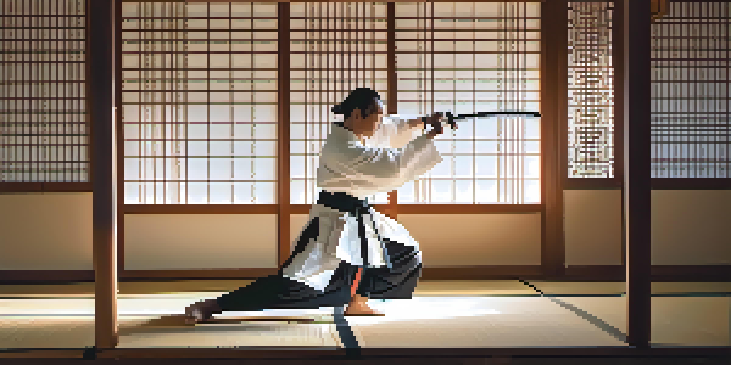 A martial artist practicing with a katana in a traditional dojo, with soft lighting and wooden floors.