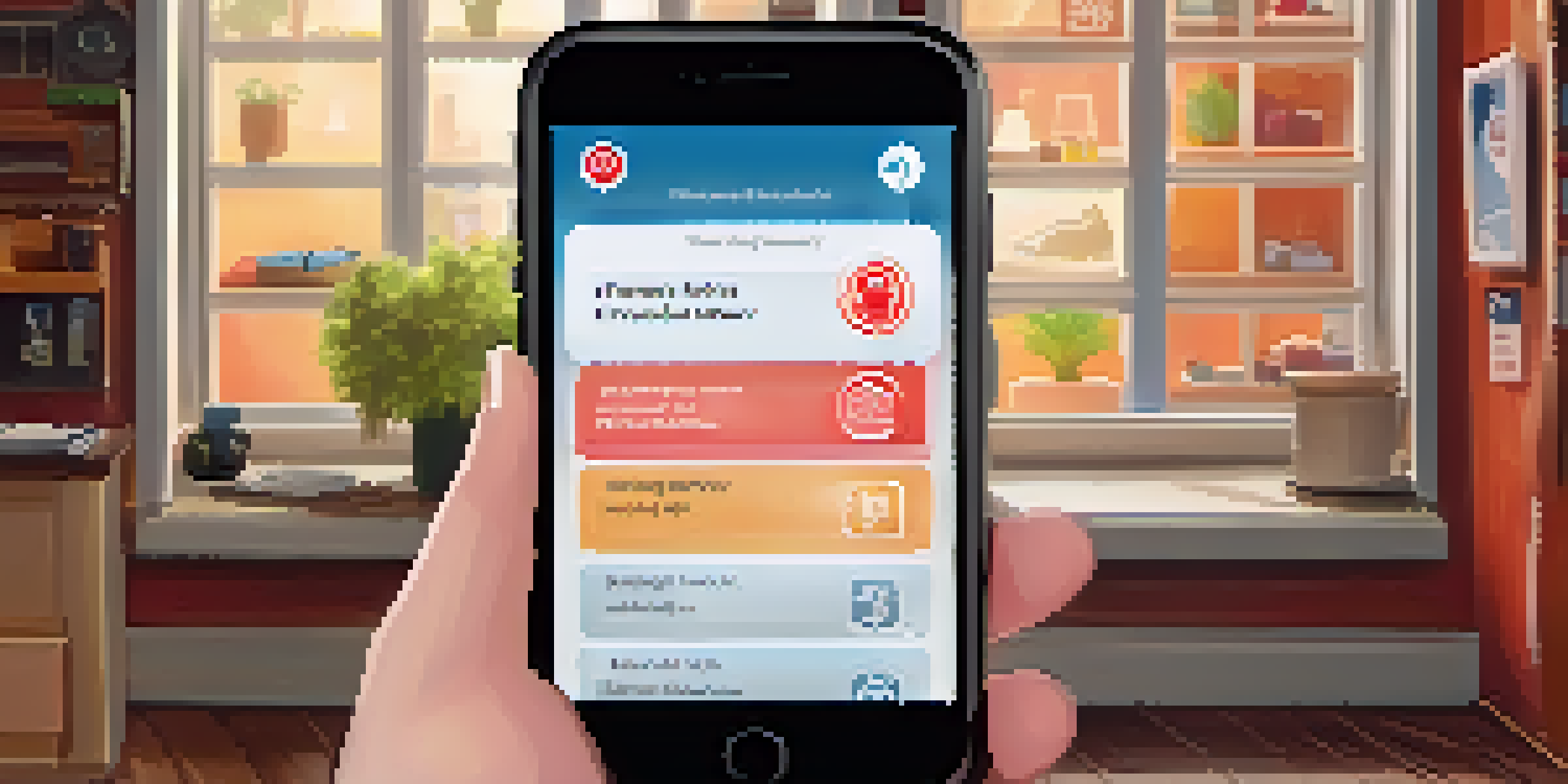 A close-up of a smartphone showing a self-defense app interface with various safety features, held by a person looking concerned in a softly lit indoor setting.