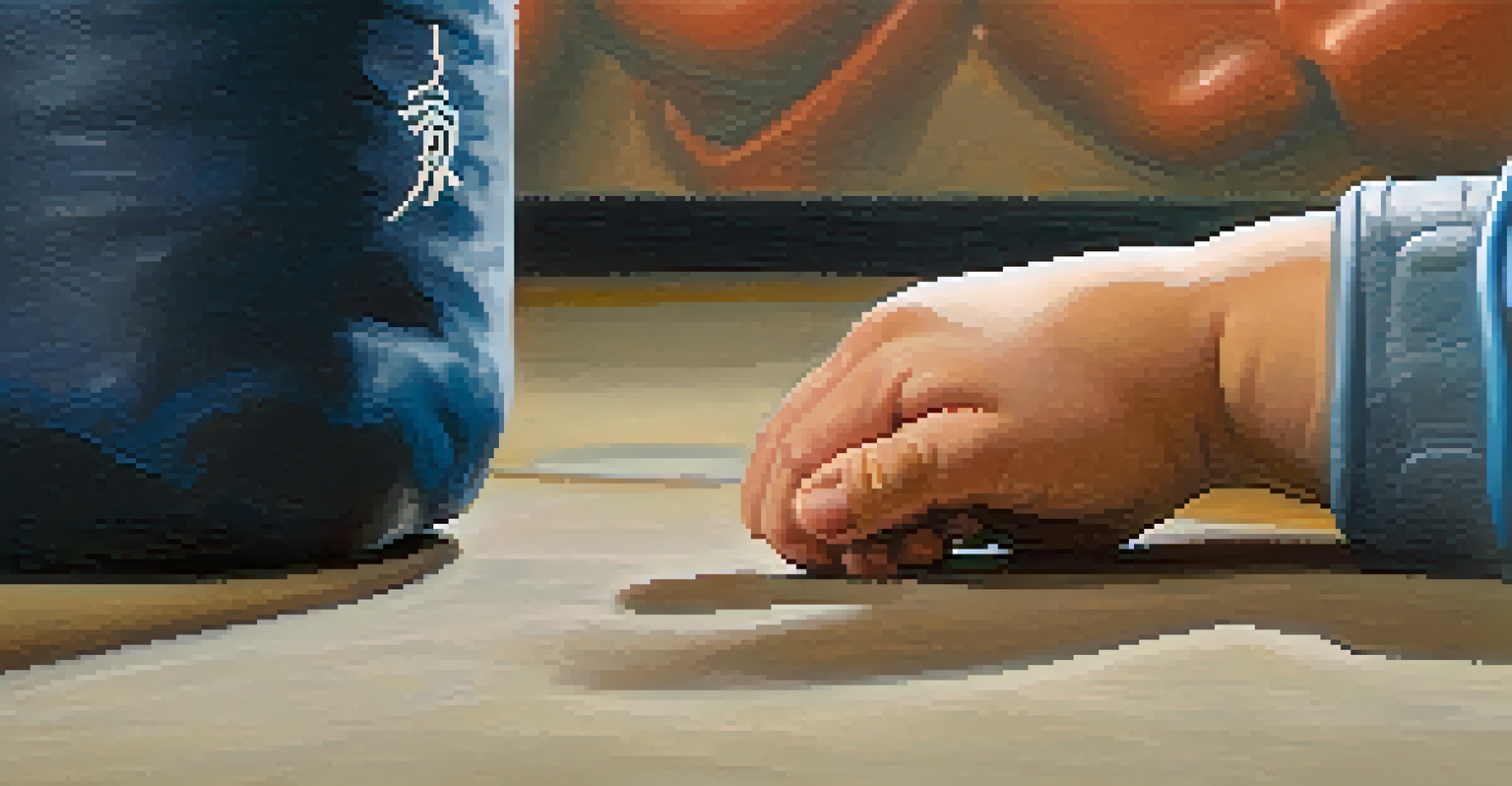 A close-up of a child's hands gripping a punching bag, with a determined expression visible in the blurred background, showcasing focus in self-defense training.