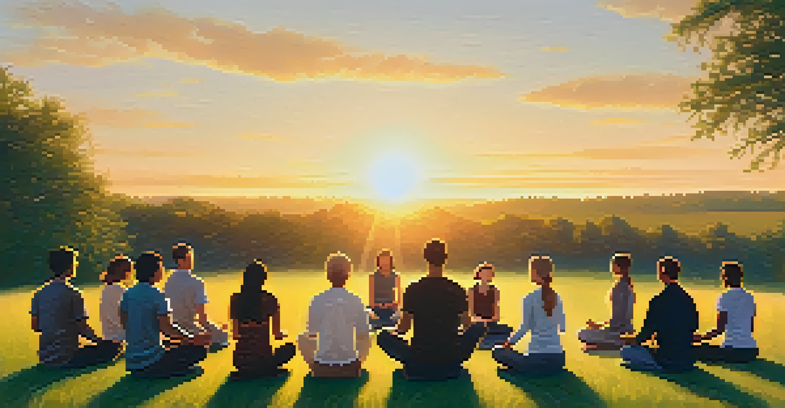 A community gathering practicing mindfulness in a grassy field during sunset.