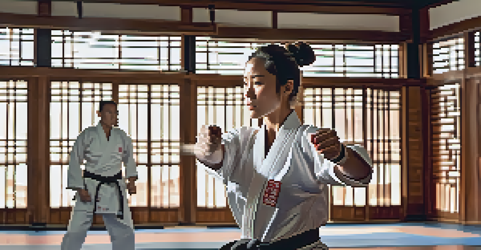 A determined woman demonstrating a self-defense move in a dojo, showcasing strength and focus.