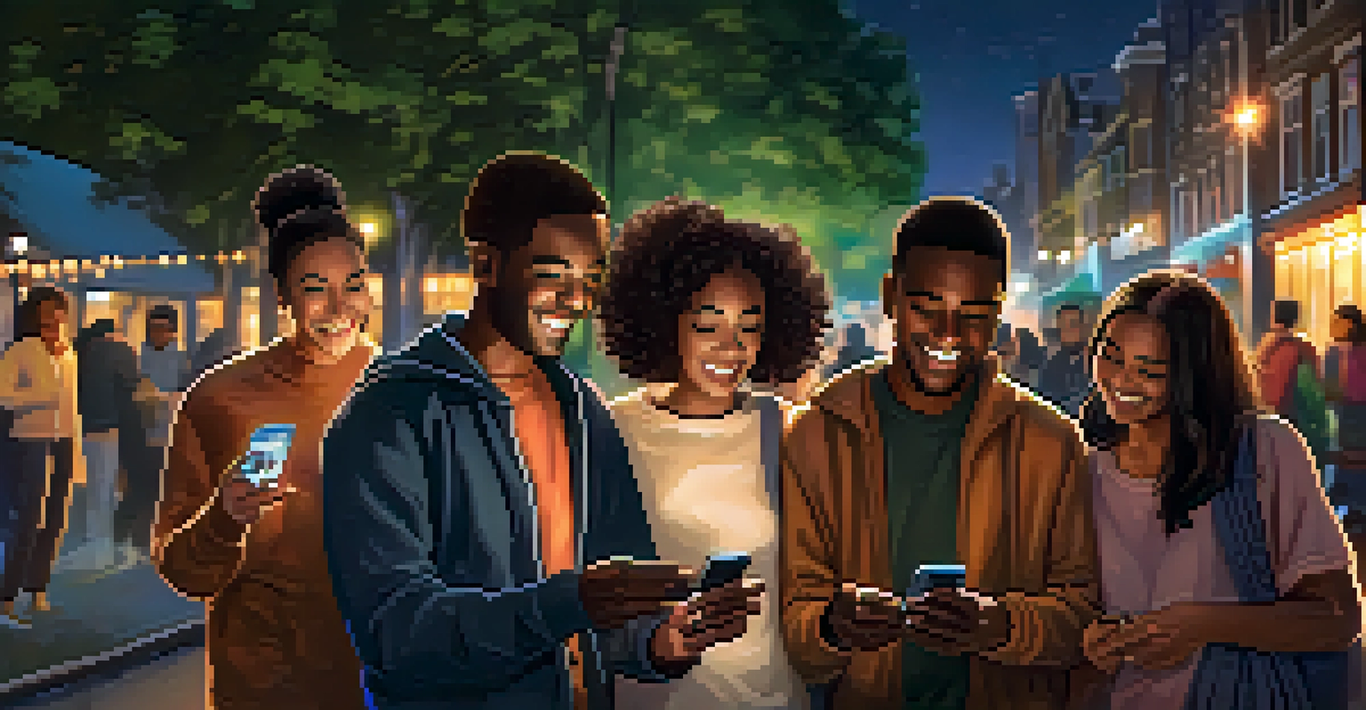 A group of friends outdoors at night, using their smartphones with a personal safety app, surrounded by warm streetlight illumination.