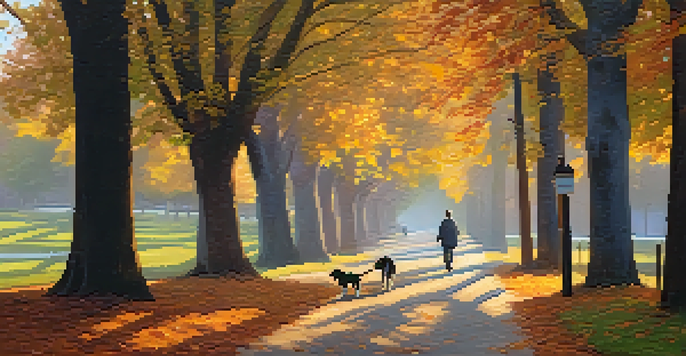 A peaceful park pathway surrounded by autumn trees, illuminated by soft dusk light, with a person walking their dog.