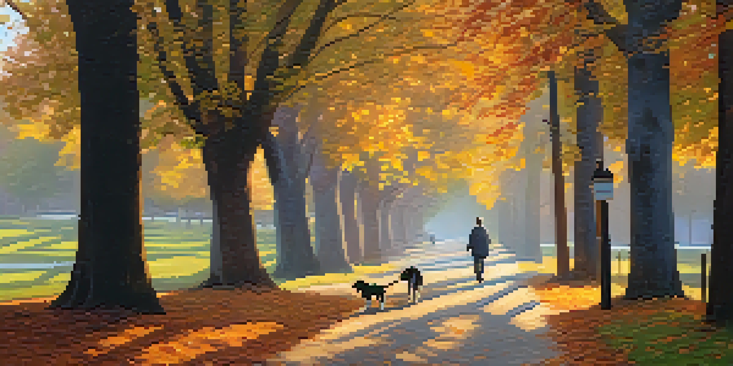 A peaceful park pathway surrounded by autumn trees, illuminated by soft dusk light, with a person walking their dog.