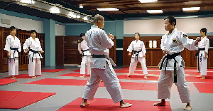 A person with visual impairment practicing self-defense in a dojo, with supportive instructors and a warm environment.