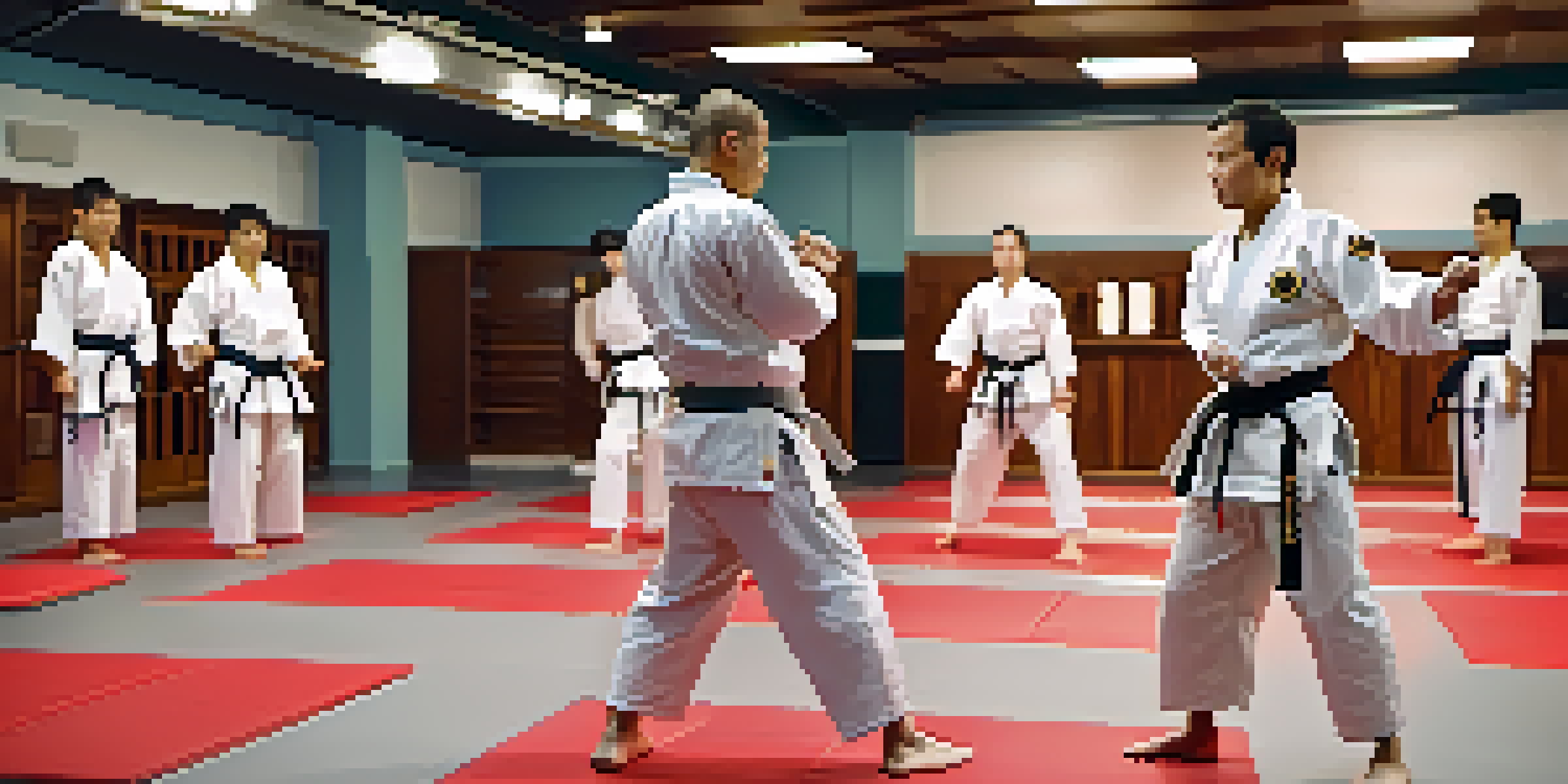 A person with visual impairment practicing self-defense in a dojo, with supportive instructors and a warm environment.