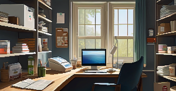 A home office with a laptop on a desk, emergency supplies like a first-aid kit and bottled water, and a checklist on a corkboard.