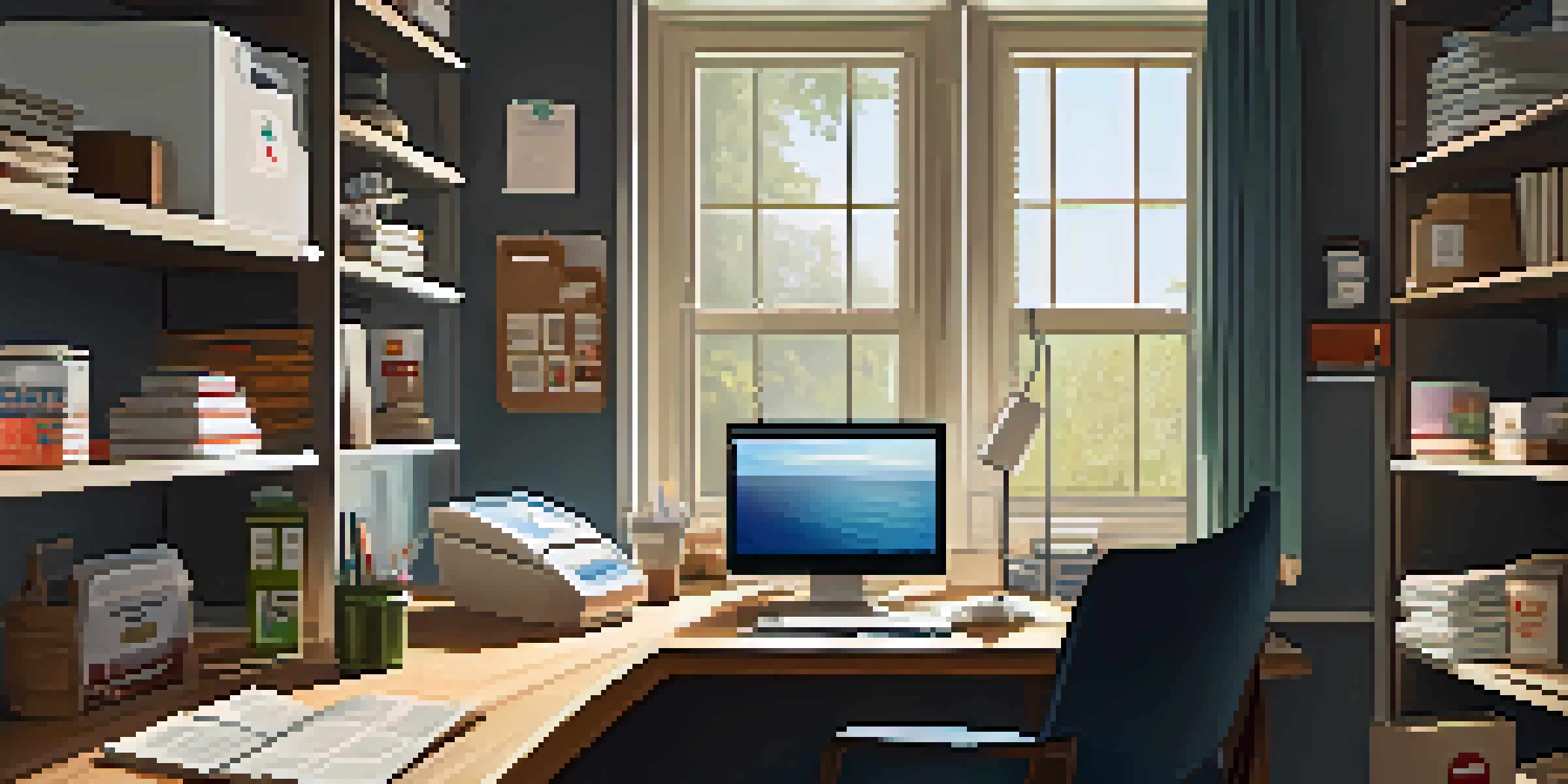 A home office with a laptop on a desk, emergency supplies like a first-aid kit and bottled water, and a checklist on a corkboard.