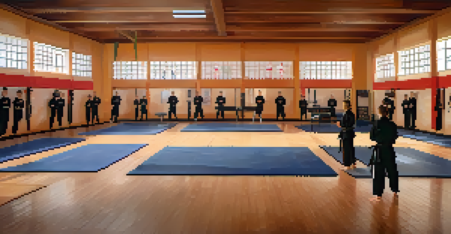 A person standing in a dojo, visualizing success in self-defense training, with a confident expression and soft light around them.