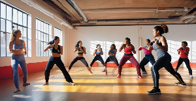 A diverse group of women practicing self-defense in a well-lit studio, showing determination and teamwork.