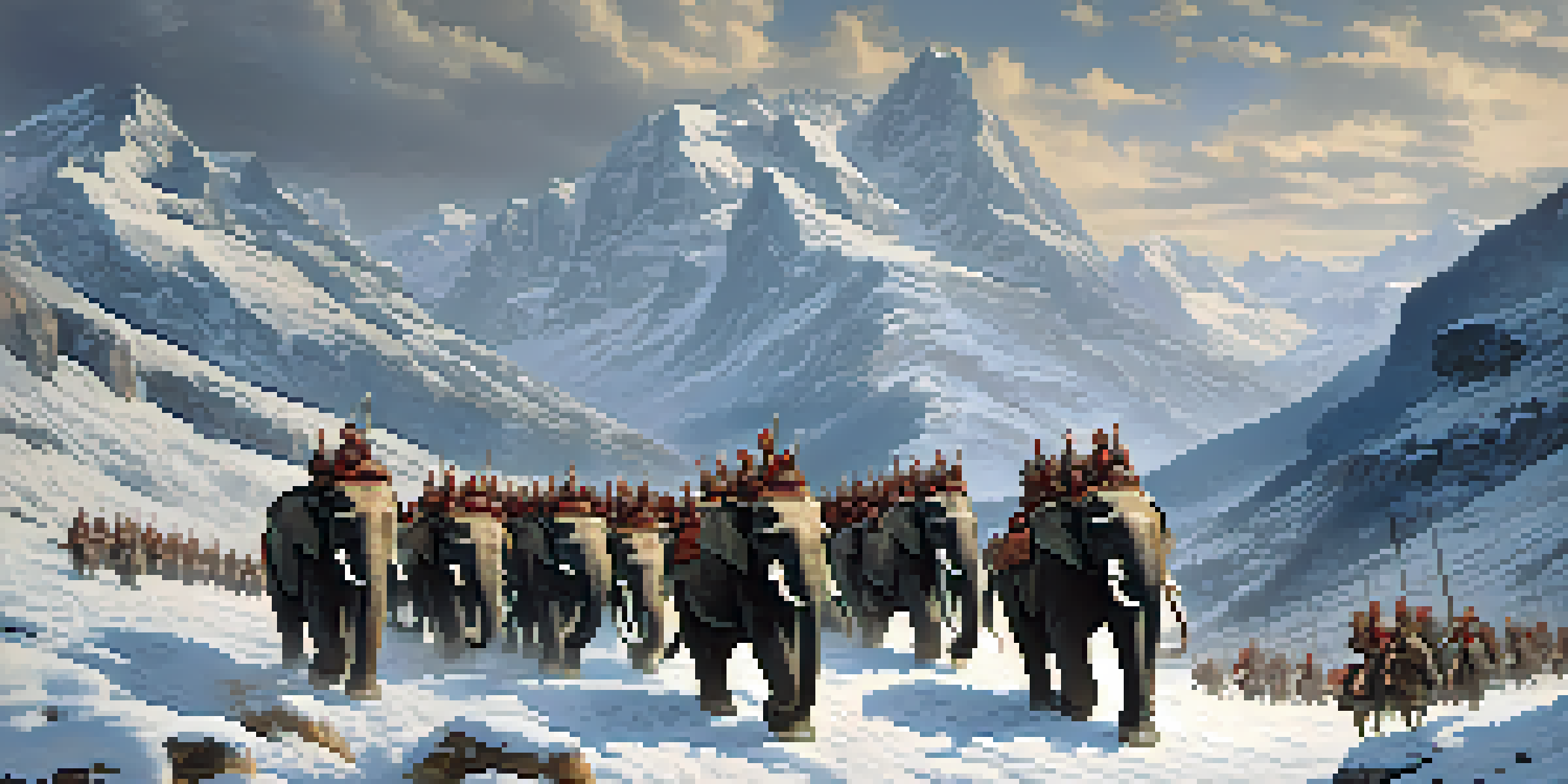 A historical depiction of Hannibal Barca leading his army across the snowy Alps with war elephants, showcasing a dramatic mountain landscape.