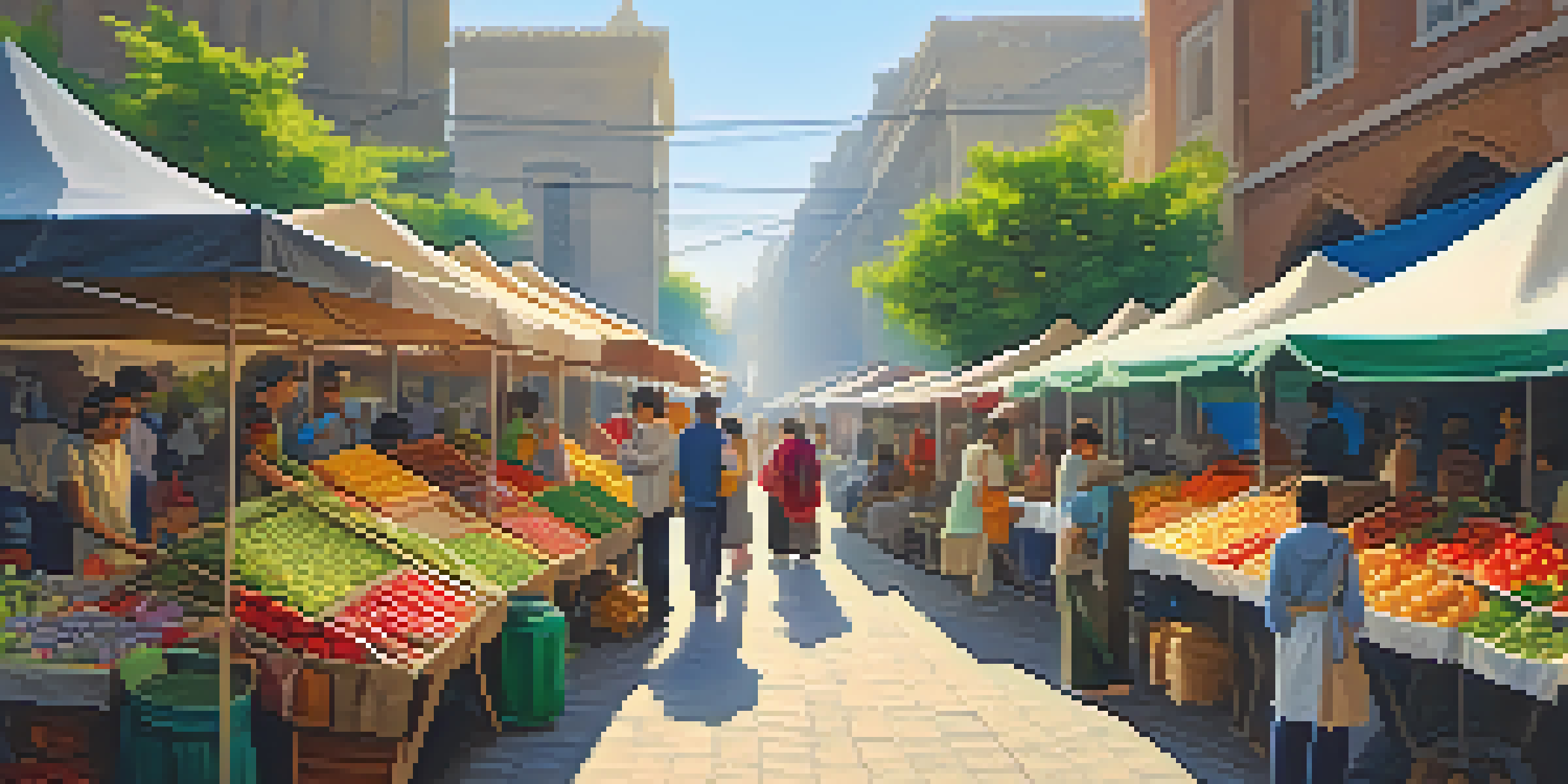 A lively market filled with colorful stalls and diverse people, showcasing a solo traveler engaged in their surroundings.
