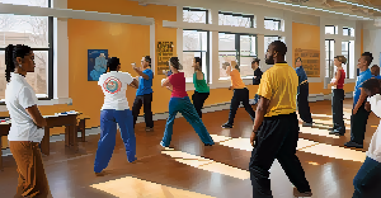 A community workshop on self-defense with participants learning from an instructor in a bright room.