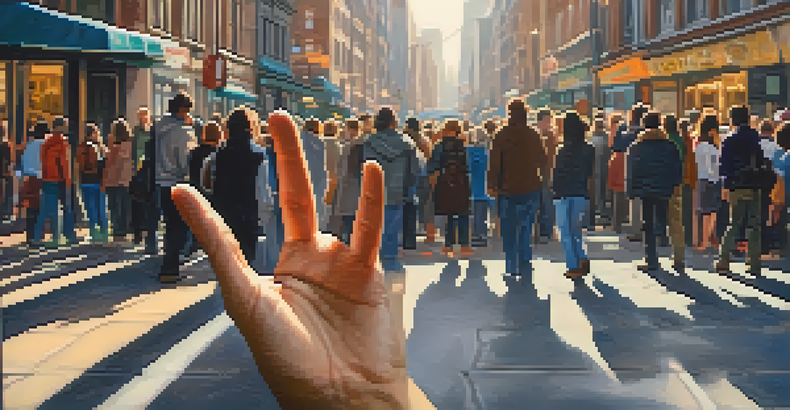 A close-up of a supportive hand reaching out to help someone in distress in a crowded urban environment.