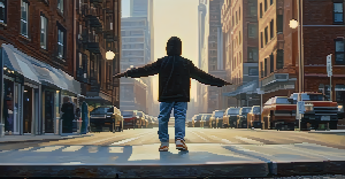 A person practicing defensive stances in an urban environment, with a balanced posture and hands raised for protection.