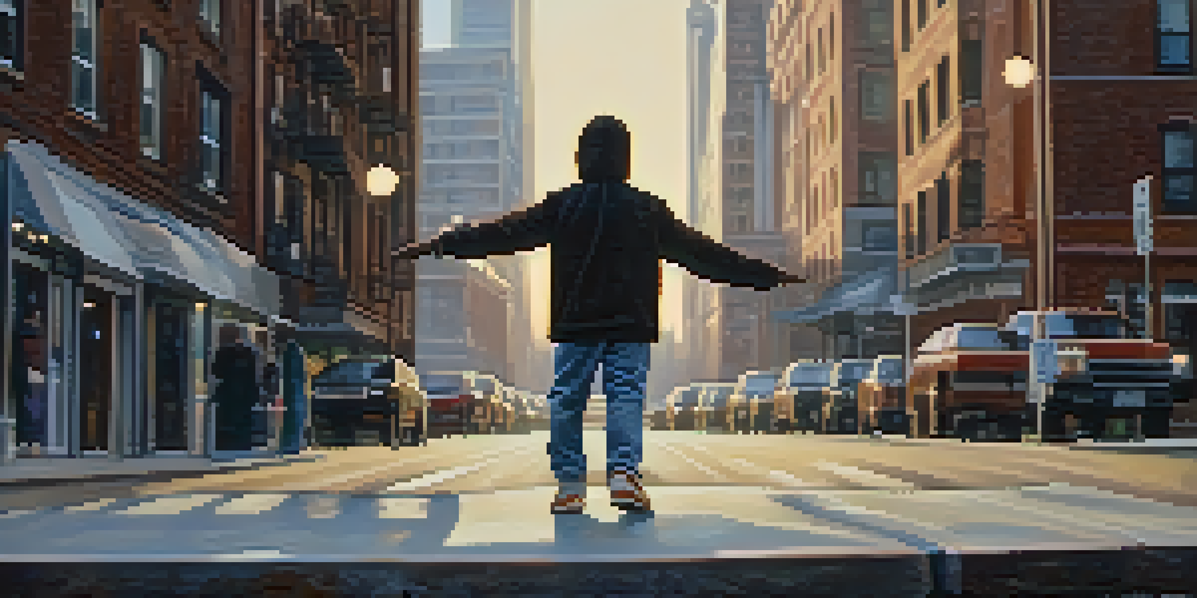 A person practicing defensive stances in an urban environment, with a balanced posture and hands raised for protection.