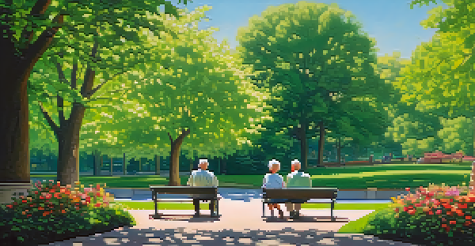 An elderly couple sitting on a bench in a peaceful park, surrounded by greenery and flowers, with sunlight filtering through the trees.