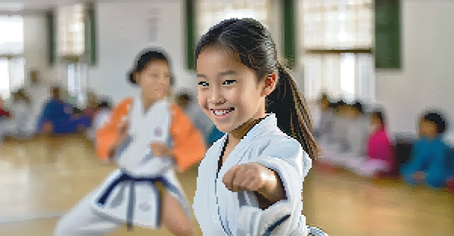 A young girl smiling after successfully performing a self-defense move with supportive instructor nearby.
