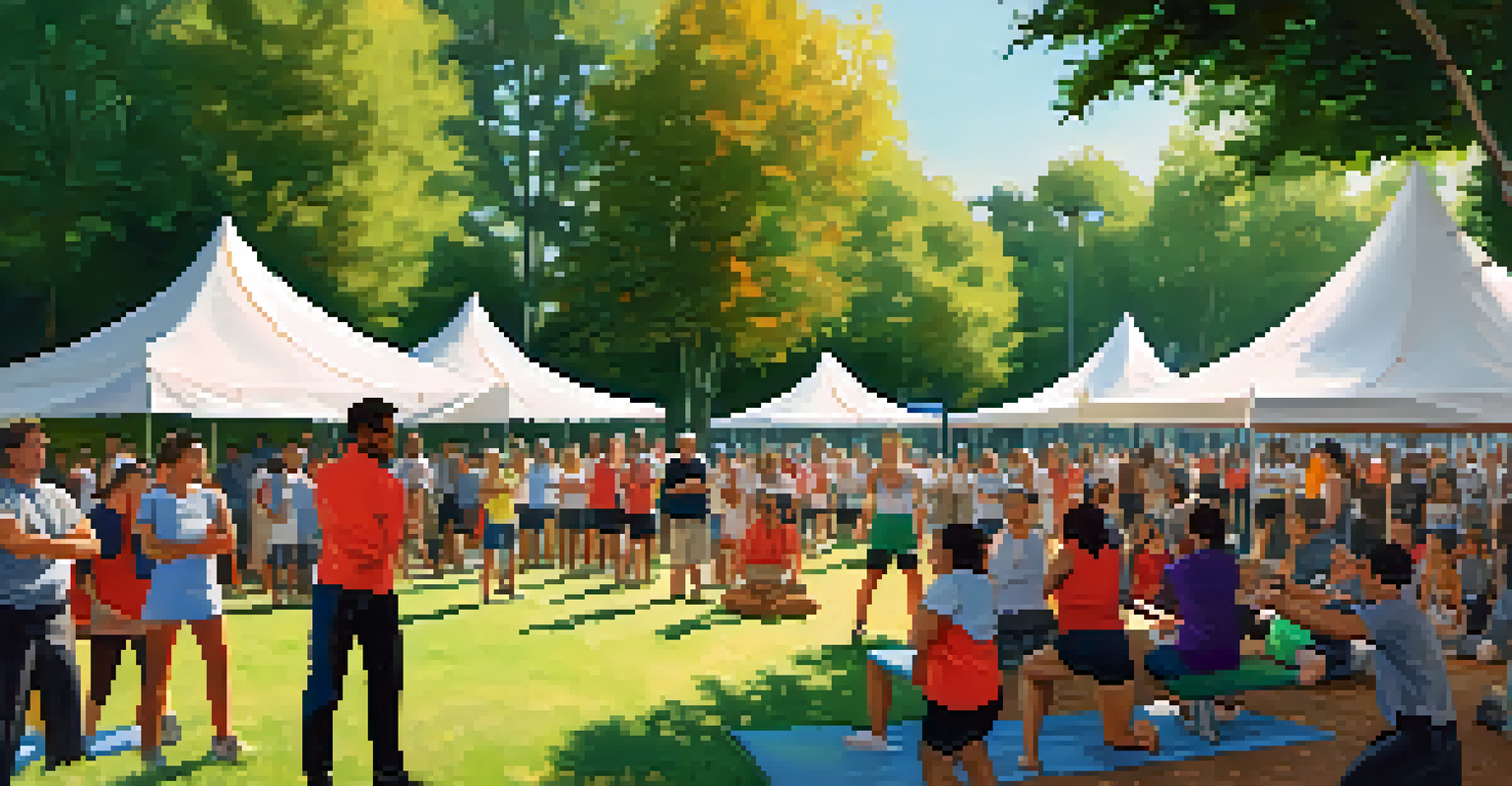 A vibrant outdoor self-defense workshop in a park, with people of all ages watching an instructor, surrounded by colorful banners and trees.