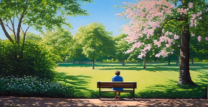 A person sitting on a park bench in a green environment, surrounded by flowers and trees, with sunlight filtering through the leaves.