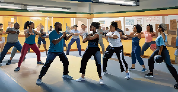 A diverse group of people participating in a self-defense workshop, practicing techniques with an instructor in a community center.