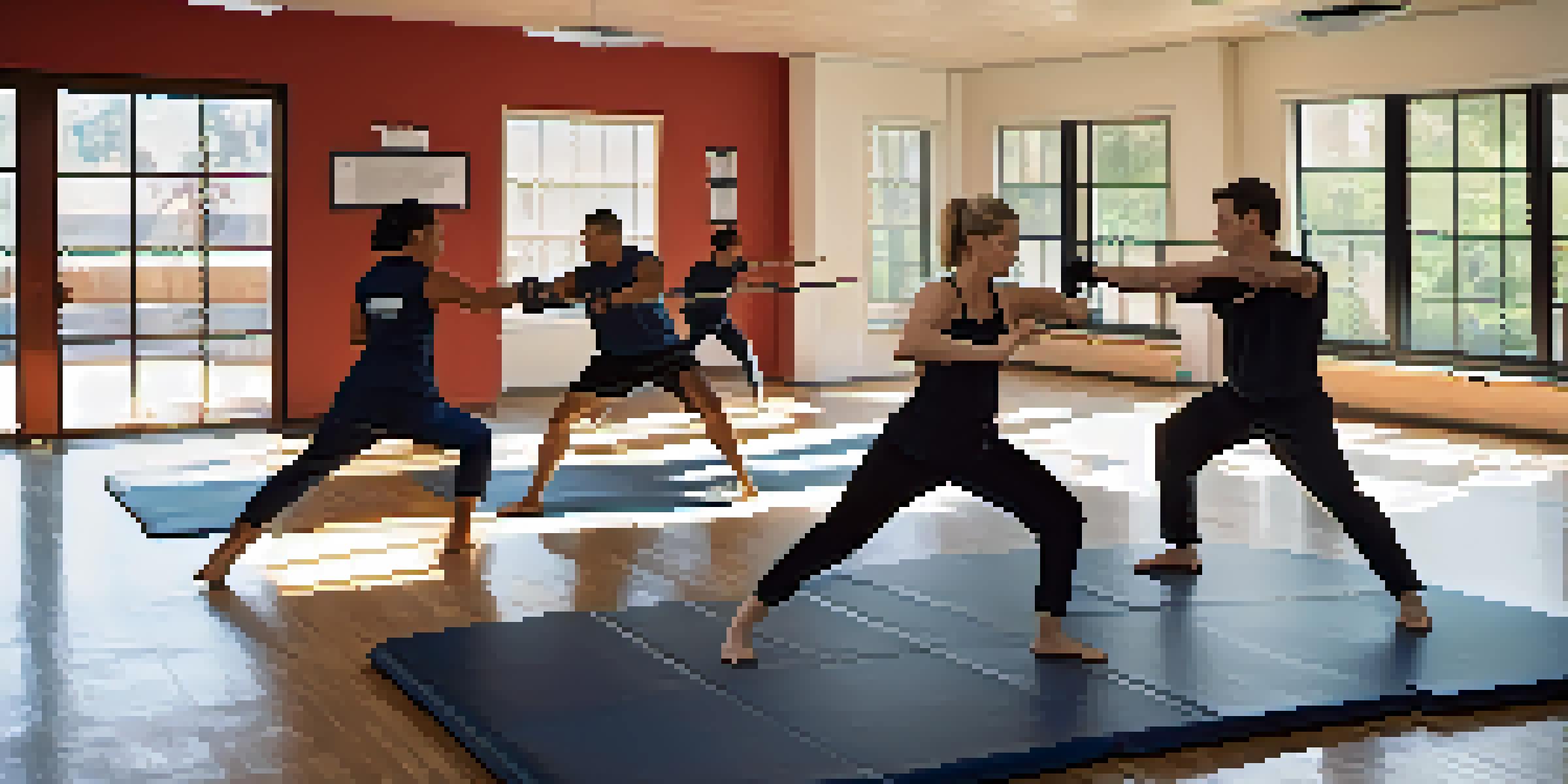 A diverse group of individuals practicing self-defense techniques in a well-lit training studio, emphasizing their focus and determination.