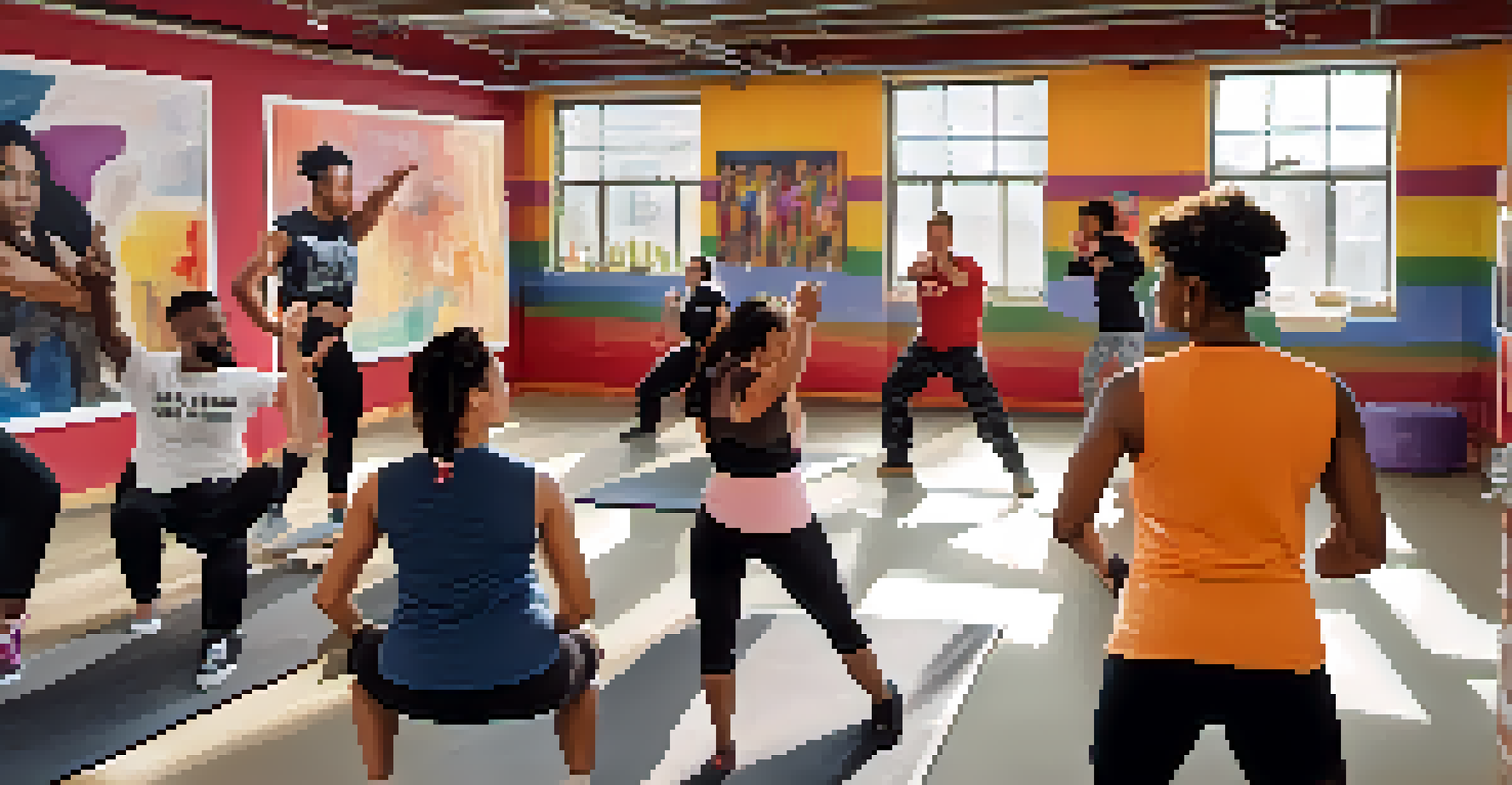 An intimate self-defense workshop for LGBTQ+ individuals, with an instructor demonstrating techniques and participants practicing.