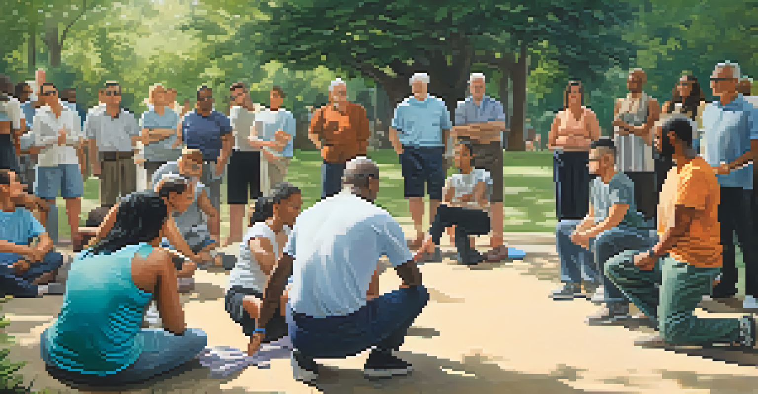 A community safety workshop in a park, with individuals of various ages practicing self-defense techniques together.