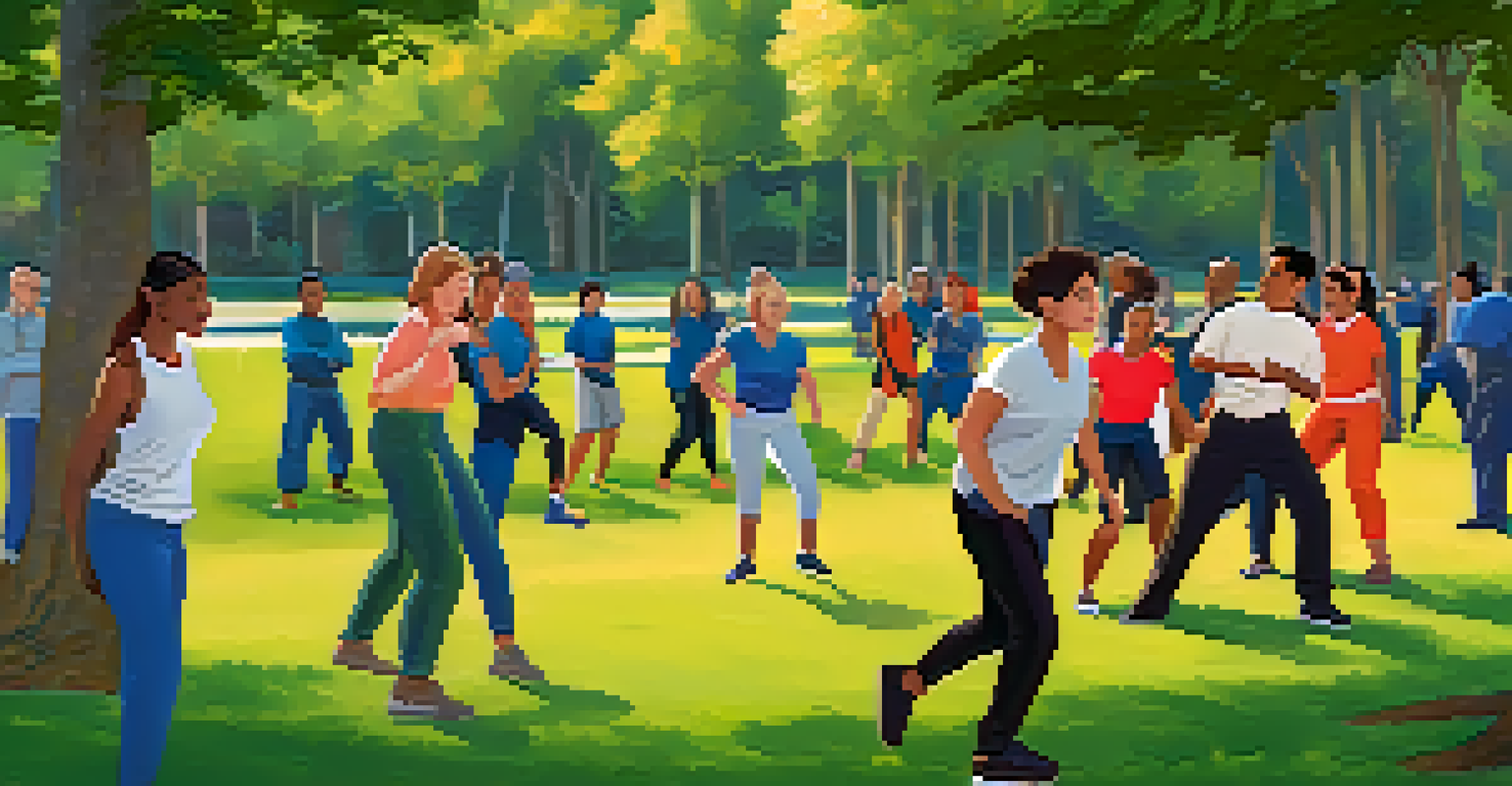 A community self-defense workshop in a park with participants practicing techniques on a sunny day.