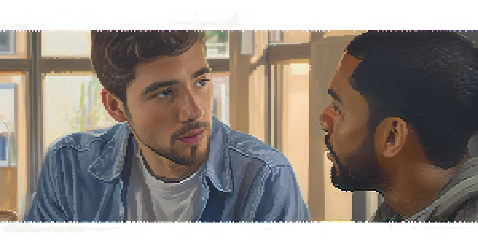 Two individuals in a conversation, one actively listening while the other expresses feelings, with warm lighting highlighting their expressions.