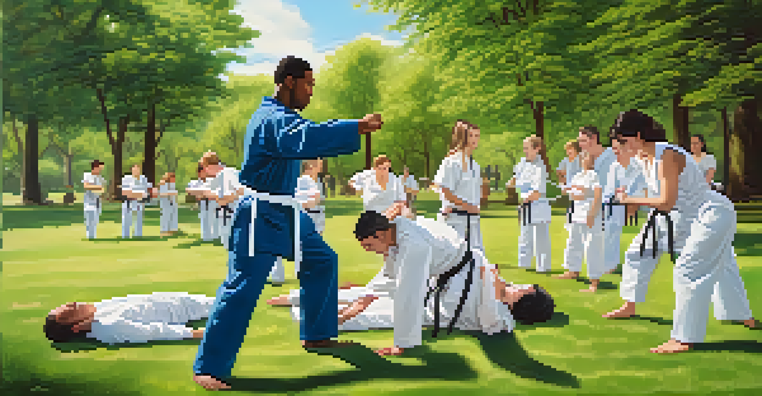 A diverse group practicing self defense outdoors, focusing on a first aid demonstration in a sunny park.