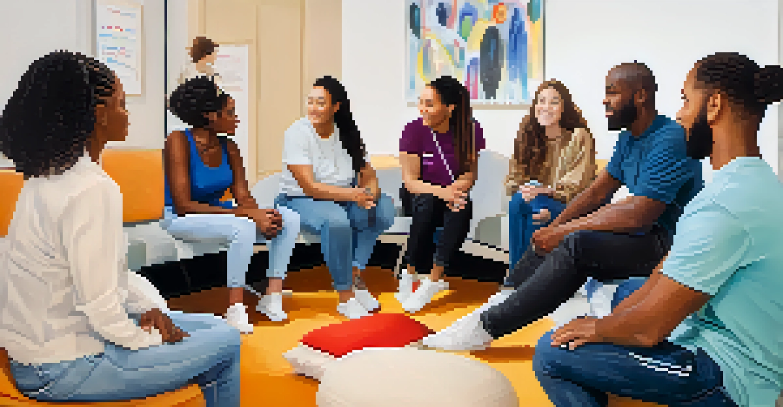 A diverse group participating in an empathy training session, sharing stories in a supportive environment.