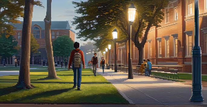 A student walking confidently on a university campus at dusk, holding a pepper spray canister, surrounded by warm street lamp light.